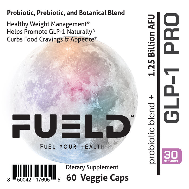 FUELD dietary supplement label with colorful design and text about weight management and appetite control.