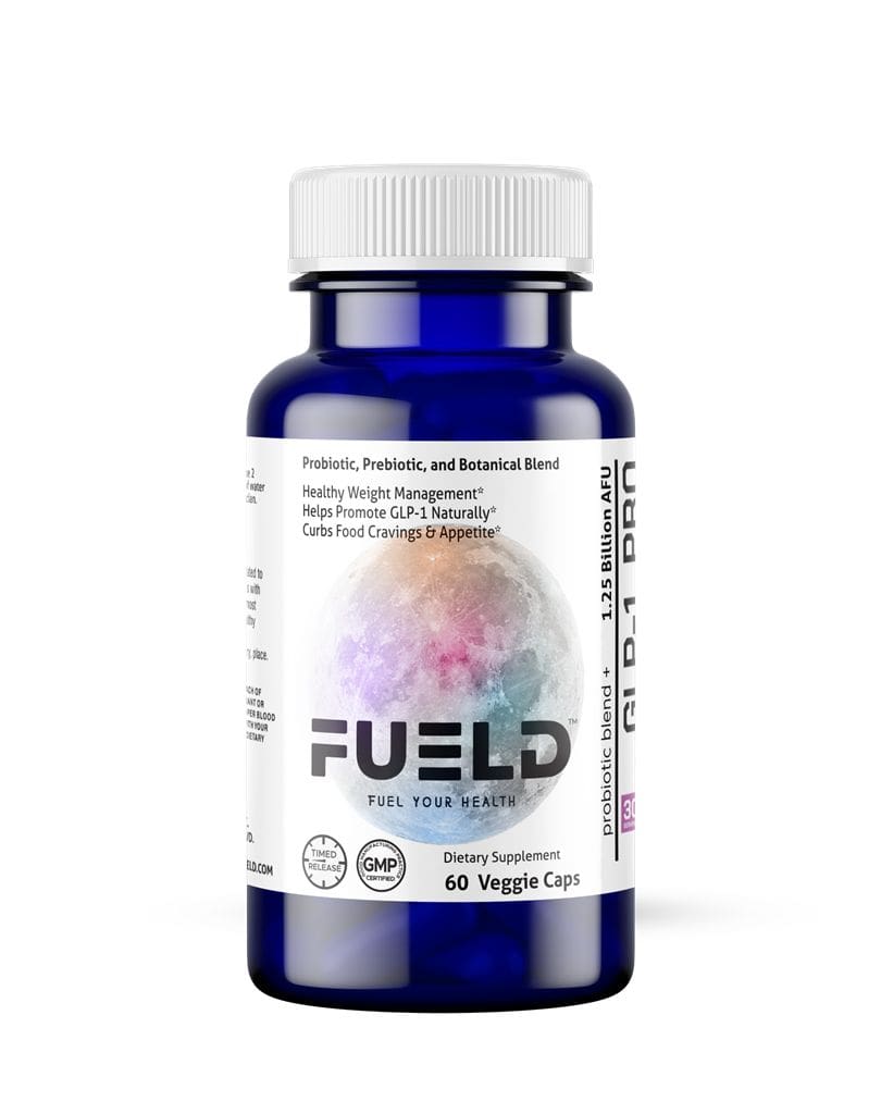 Blue supplement bottle labeled 'FUEL'D on a white background