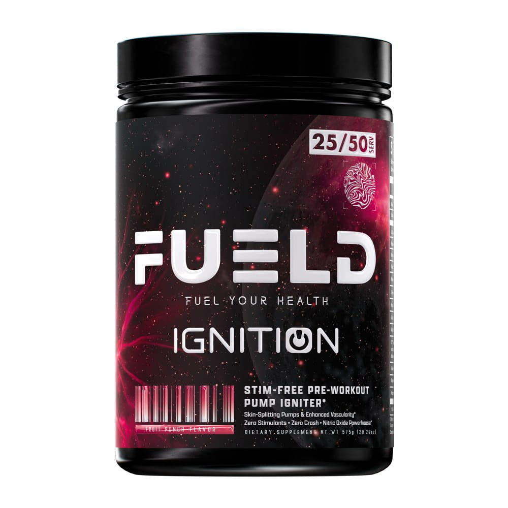 A black plastic tub of FUELD Ignition pre-workout supplement with a black lid, featuring a dark space-themed label with pink and red nebulae and white text.