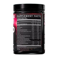 A black plastic tub of a dietary supplement with a black lid, showing the back label with 'Supplement Facts' and a red side panel, on a plain white background.