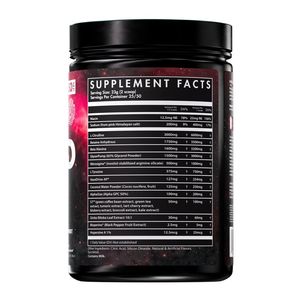 A black plastic tub of a dietary supplement with a black lid, showing the back label with 'Supplement Facts' and a red side panel, on a plain white background.