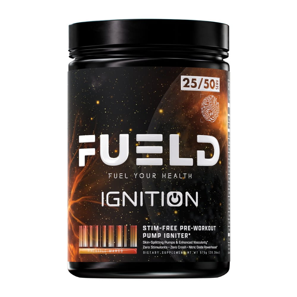 A black plastic tub of FUELD Ignition pre-workout supplement with a black lid, featuring a dark space-themed label with orange and white text.