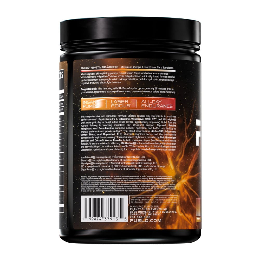 A black plastic tub of PULLD Performance Nutrition supplement, shown from the back with a black lid. The label features white text, an orange banner highlighting key features, and a fiery orange and yellow graphic on the lower right.