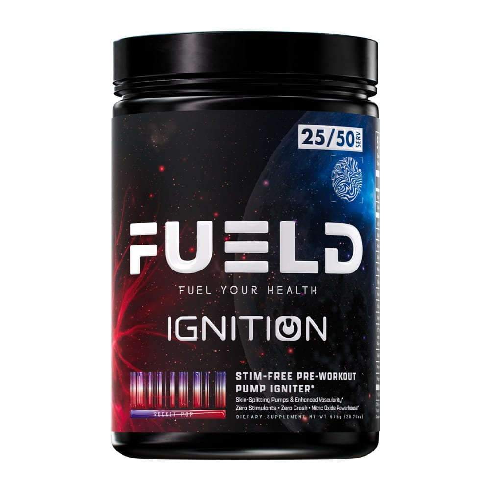 A black plastic tub of FUELD Ignition pre-workout supplement on a plain white background. The label features a dark space design with red and blue nebulae, white text, and a blue circular fingerprint graphic.