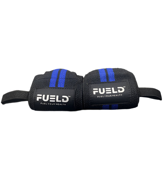 Black wrist wrap with blue stripes and 'FUEL'D logo on a metallic surface