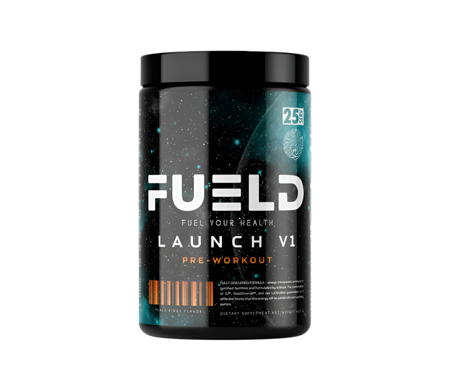 FUELD Launch V1 Pre-Workout – Peach Rings flavor, available in 25 or 50 servings