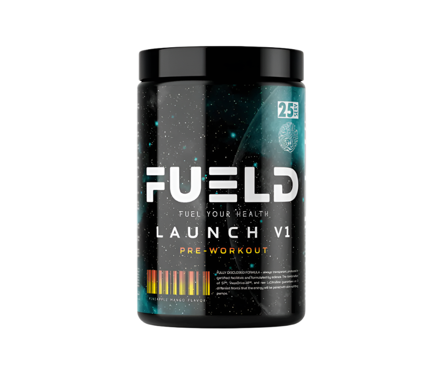 FUELD Launch V1 Pre-Workout – Pineapple Mango flavor, available in 25 or 50 servings
